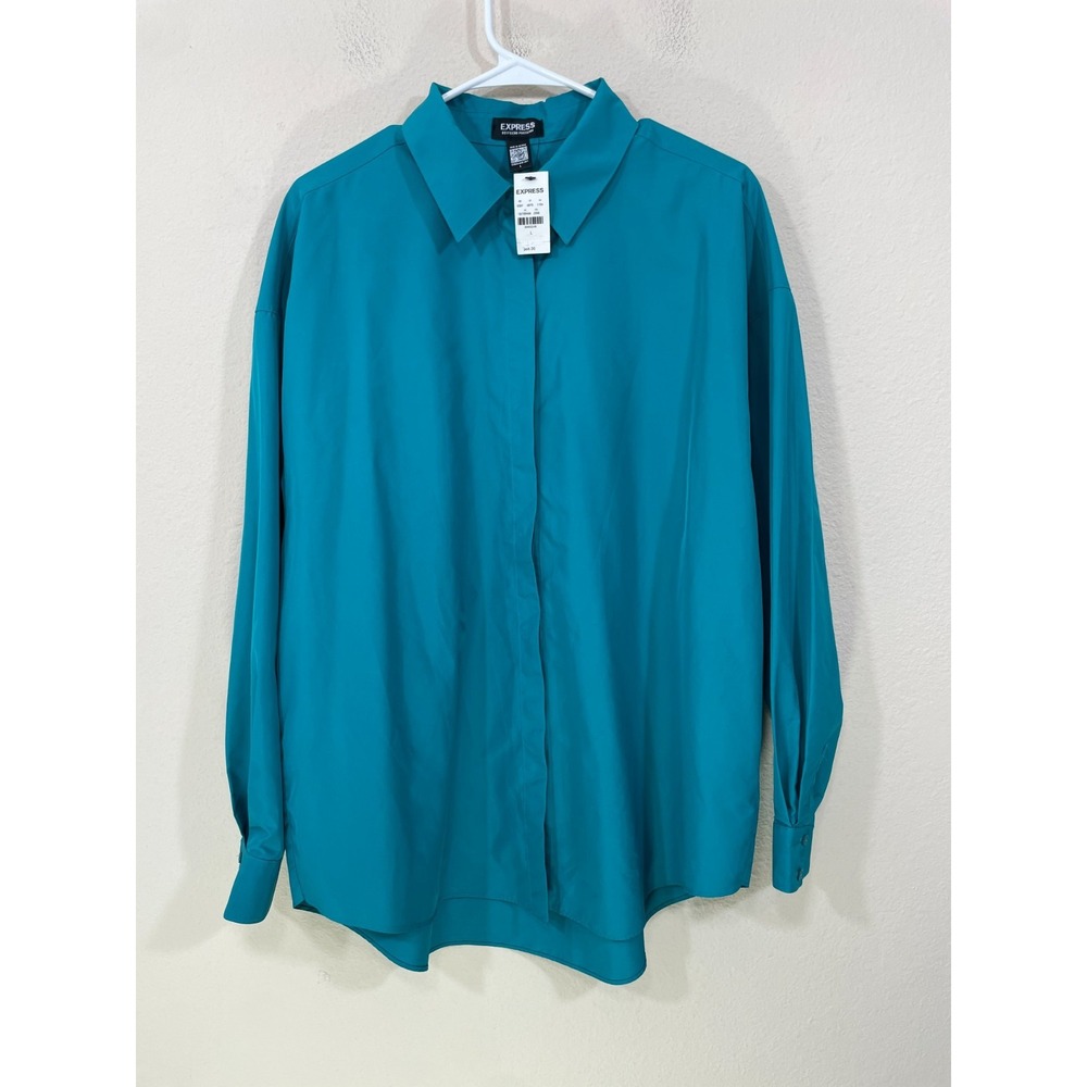 NEW Express The Portofino‎ Boyfriend Shirt Size  Large Green Stretch Relaxed NWT